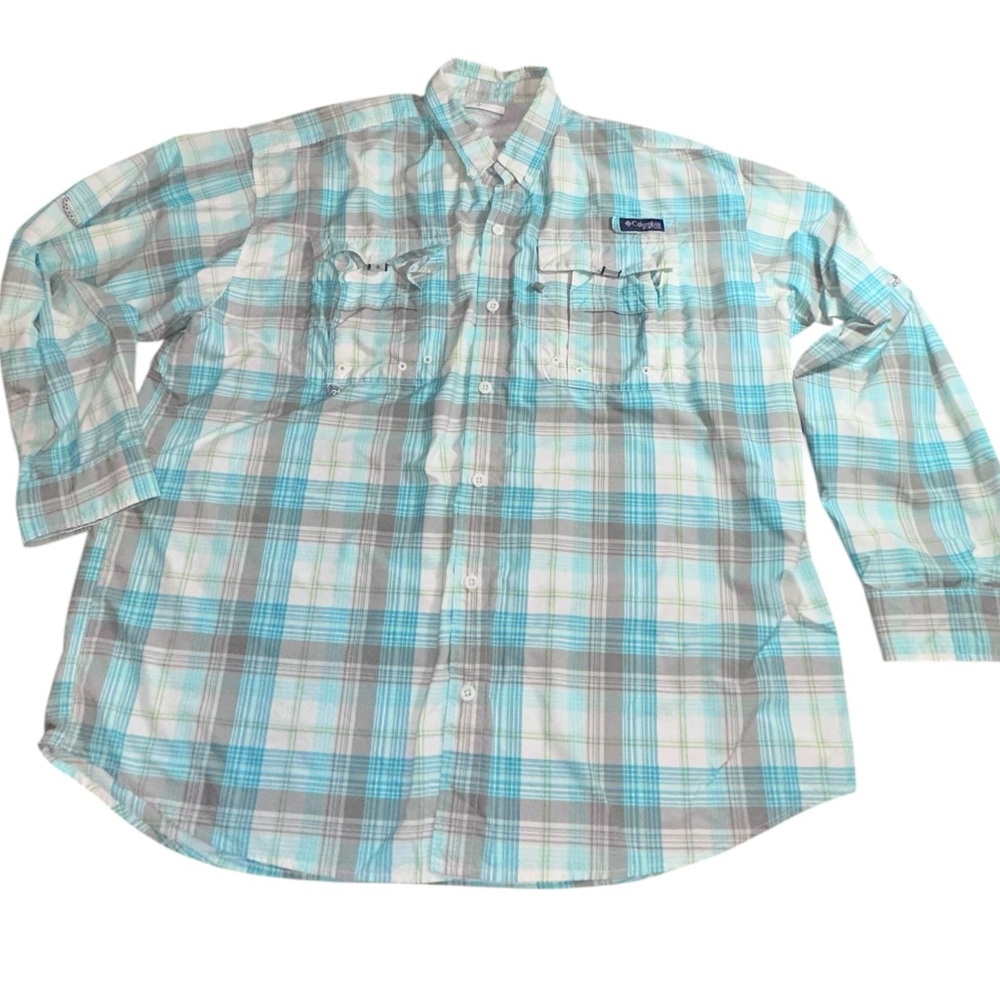 Columbia Sportswear men’s Plaid Fishing Shirt XL Vented Long Sleeve‎ Teal Gray